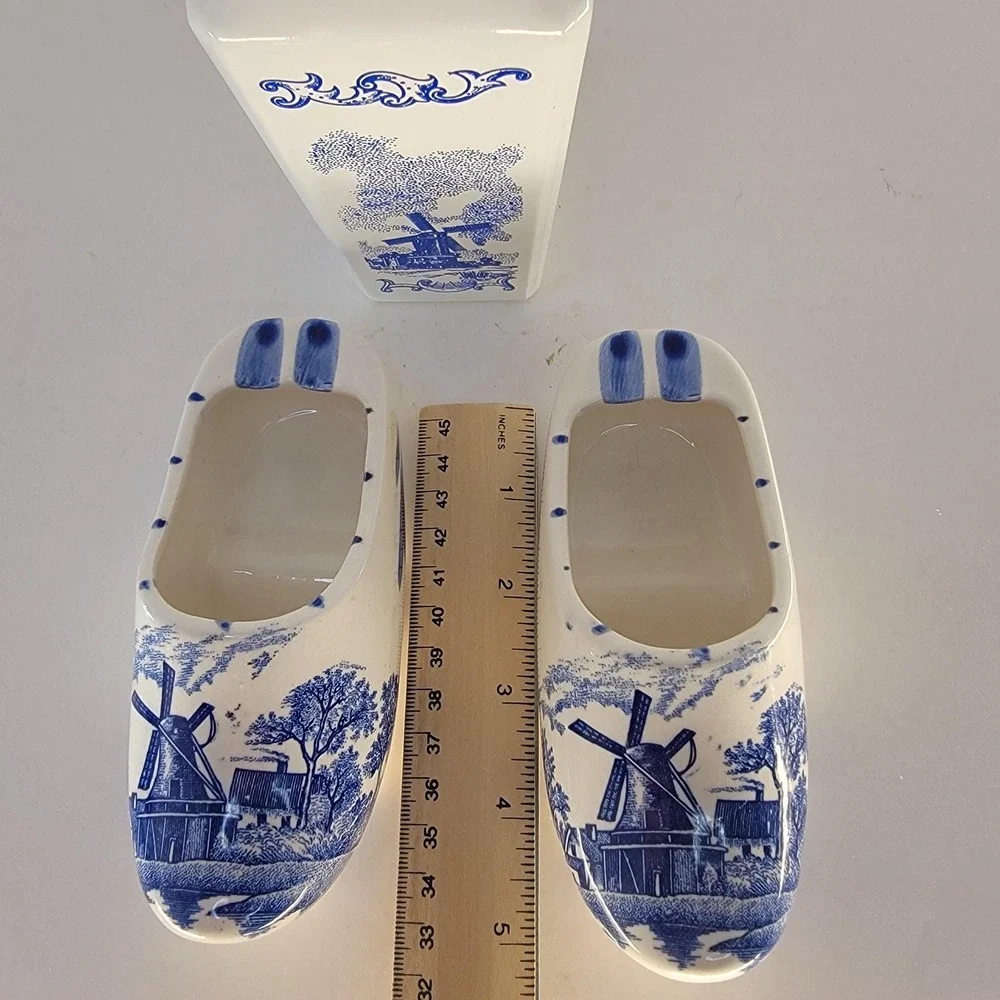 Vintage Delft Blue Windmill Decanter Set Clog Ashtrays Brechner Japan 3 Pc